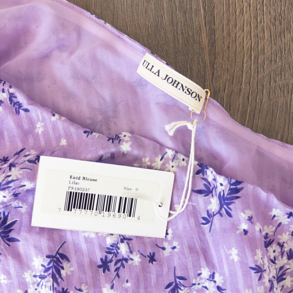 NWT Ulla Johnson Enid Lilac Purple Floral One Shoulder Bow Top Blouse, Size 0 - Picture 4 of 9